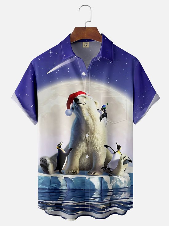 Moisture-wicking Christmas Santa Polar Bear Chest Pocket Casual Shirt