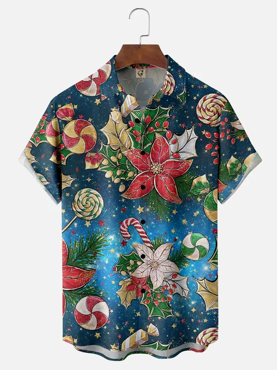 Moisture Wicking Merry Christmas Floral Candy Cane Lollipop Chest Pocket Hawaiian Shirt