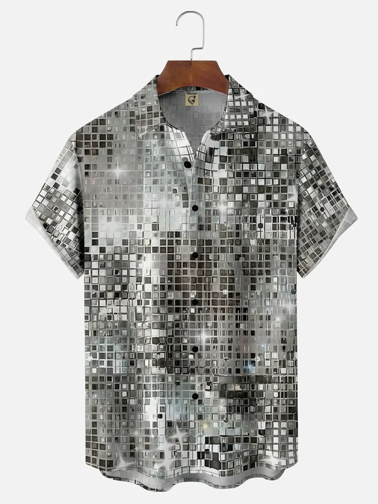 Moisture-wicking Retro Disco Light Geomatric Chest Pocket Casual Shirt