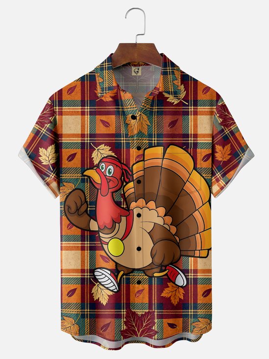 Moisture-Wicking Thanksgiving Runner Turkey Checkered Maple Leaf Pocket Hawaiian Shirt