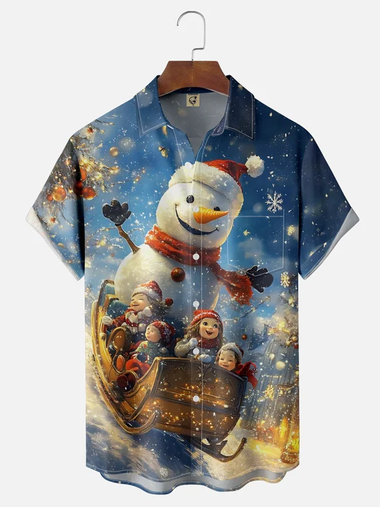 Moisture-wicking Christmas Snowman Chest Pocket Casual Shirt