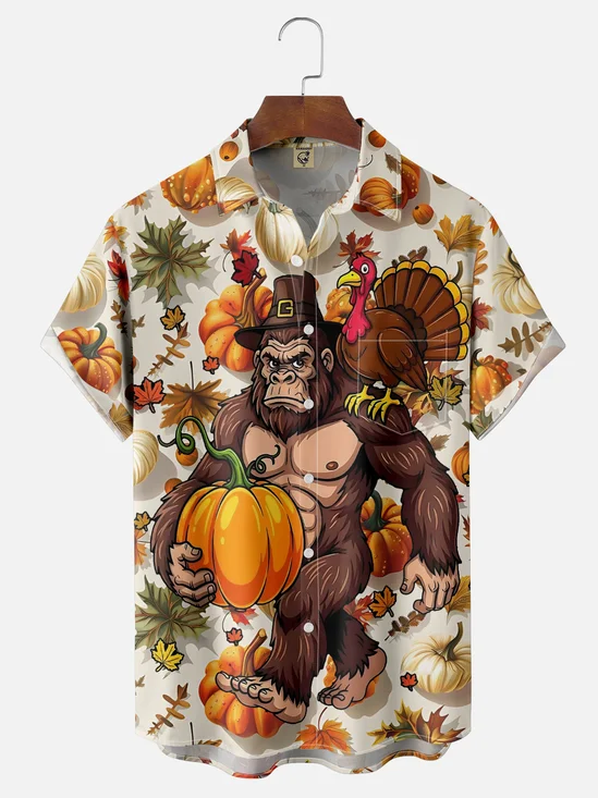 Moisture-Wicking Thanksgiving Bigfoot Turkey Pumpkin Maple Leaf Chest Pocket Hawaiian Shirt