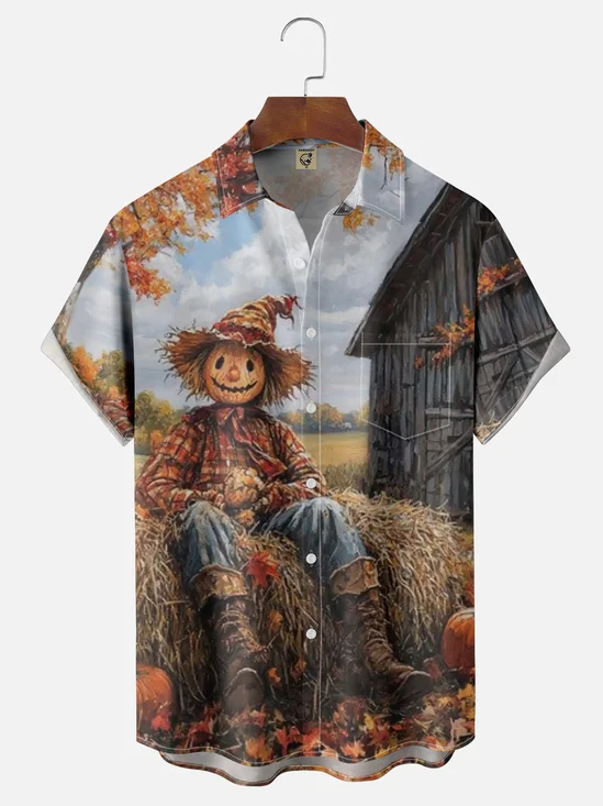 Moisture-wicking Thanksgiving Fall Harvest Scarecrow Chest Pocket Casual Shirt