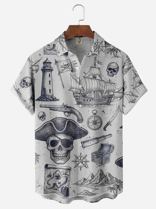 Moisture-Wicking Skull Pirate Sailboat Map Lighthouse Chest Pocket Hawaiian Shirt