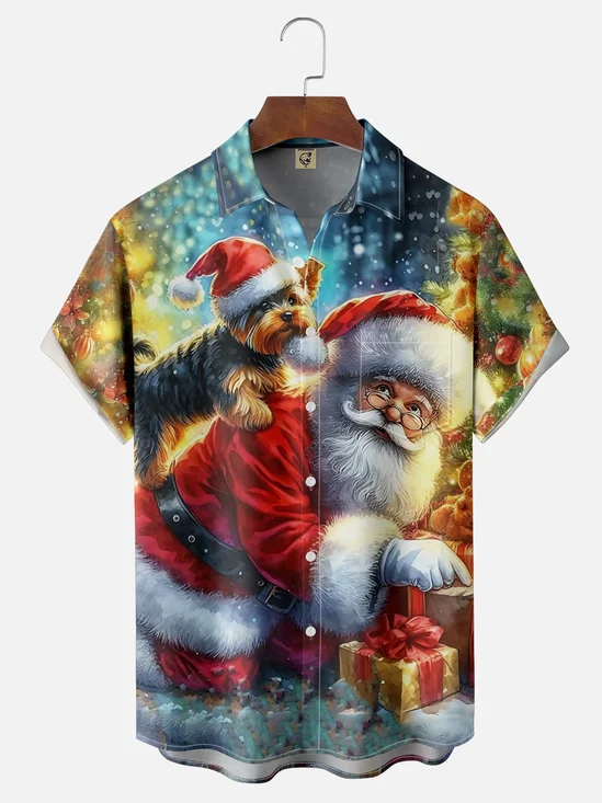 Moisture-wicking Christmas Santa Claus and Dog Chest Pocket Casual Shirt