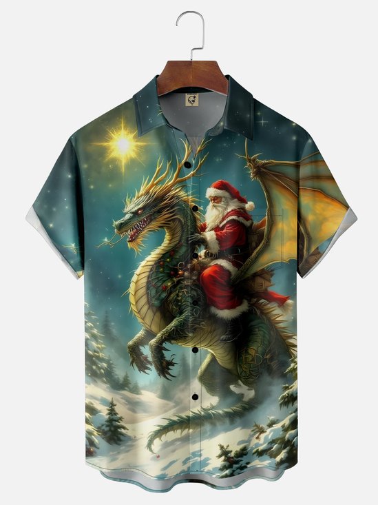 Moisture-wicking Christmas Santa Claus Dragon Chest Pocket Casual Shirt