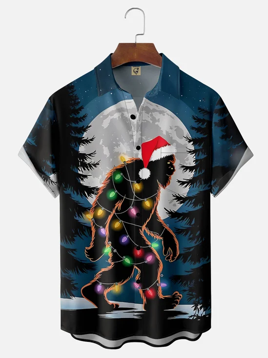 Moisture-wicking Christmas Santa Claus Bigfoot Chest Pocket Casual Shirt