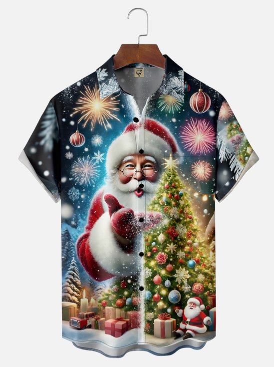 Moisture-Wicking Santa Claus Christmas Tree Fireworks Chest Pocket Hawaiian Shirt