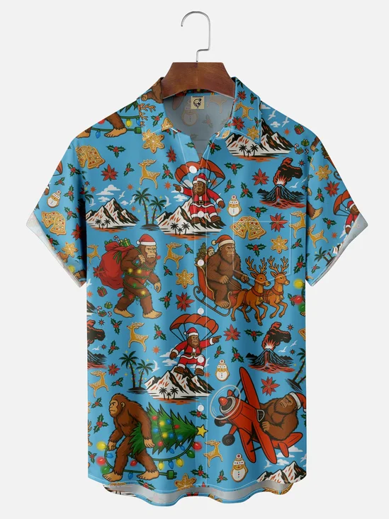 Moisture-wicking Christmas Bigfoot Chest Pocket Casual Shirt