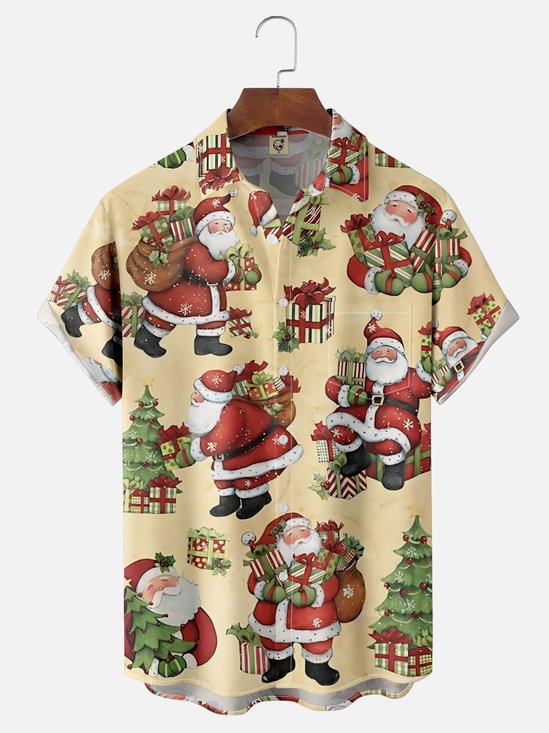 Moisture-wicking Santa Claus Christmas Tree Gift Box Chest Pocket Hawaiian Shirt