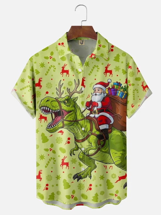 Moisture-wicking Christmas Santa Dinosaur Chest Pocket Casual Shirt