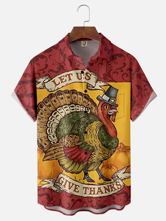 Moisture-wicking Thanksgiving Turkey Vintage Chest Pocket Casual Shirt