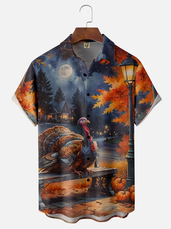 Moisture-wicking Thanksgiving Turkey Autumn Harvest Chest Pocket Casual Shirt