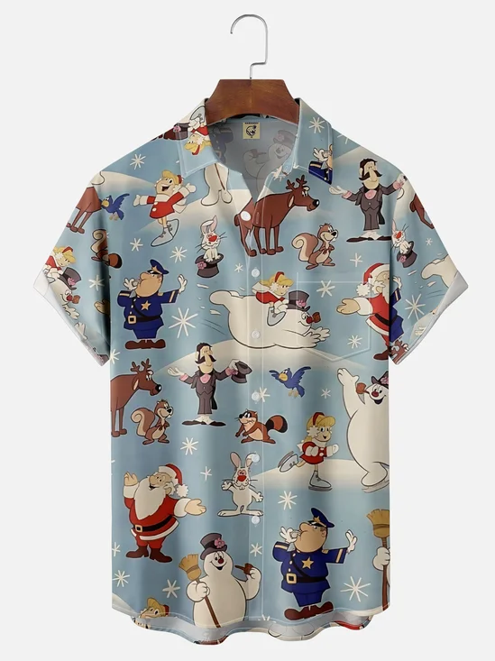 Moisture-Wicking Santa Frosty Snowman Pocket Hawaiian Shirt