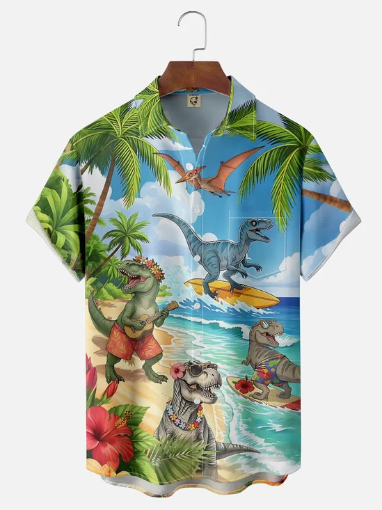 Moisture-Wicking Dinosaur Beach Coconut Tree Surf Chest Pocket Hawaiian Shirt