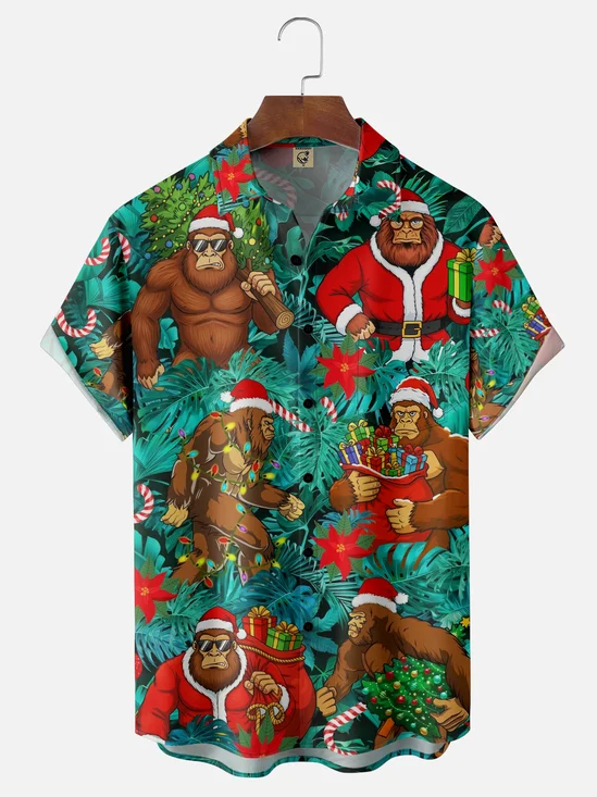 Moisture-wicking Christmas Bigfoot Palm Leaves Chest Pocket Casual Shirt