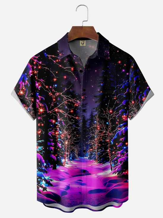 Moisture-wicking Christmas Tree Lights Snow Chest Pocket Casual Shirt