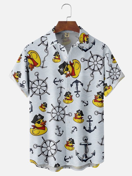 Moisture-Wicking Rubber Duck Pirate Anchor Chest Pocket Hawaiian Shirt