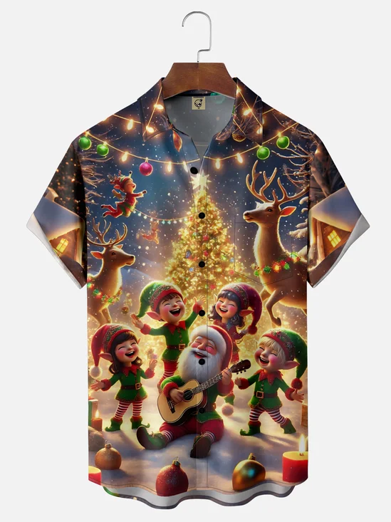 Moisture-Wicking Santa Claus Christmas Tree Elf Elk Chest Pocket Hawaiian Shirt
