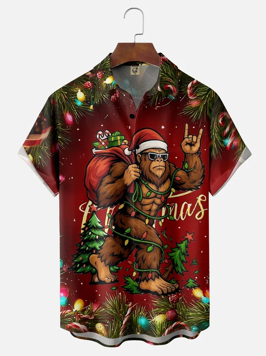 Moisture Wicking Merry Christmas Bigfoot Chest Pocket Hawaiian Shirt
