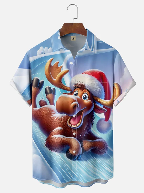 Moisture-Wicking Canadian Gradient Color Fun Santa Hat Moose Chest Pocket Hawaiian Shirt