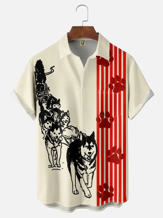 Moisture-wicking Canada Sled Dog Art Chest Pocket Bowling Shirt