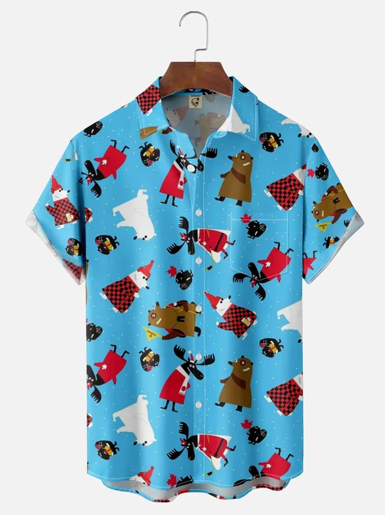 Moisture Wicking Canadian Christmas Flag Beaver Elk Goose Breast Pocket Hawaiian Shirt