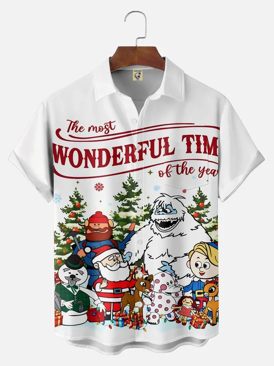 Big Size Moisture-Wicking Christmas Rudolph Santa Claus Christmas Tree Snowman Chest Pocket Hawaiian Shirt