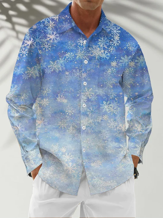 Moisture Wicking Christmas Snowflake Chest Pocket Hawaiian Long Sleeve Shirt