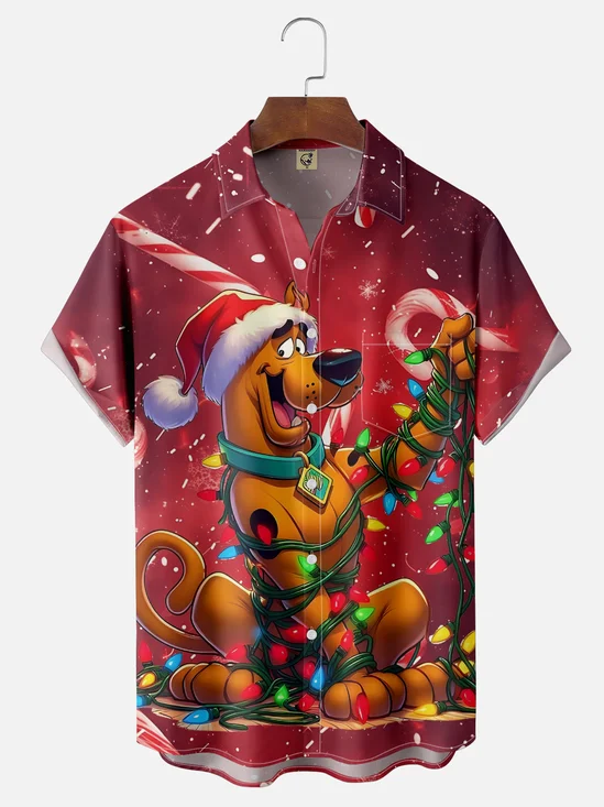 Moisture-wicking Christmas Dog Art Fun Chest Pocket Casual Shirt