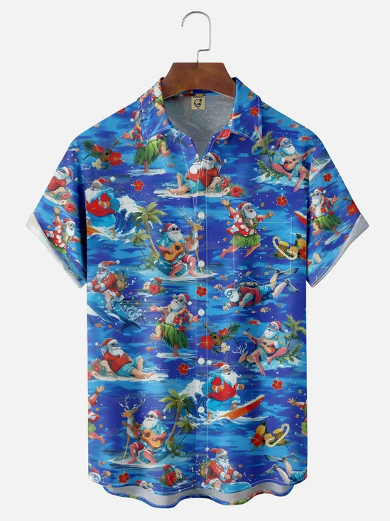 Moisture-wicking Christmas Santa Claus Surfing Chest Pocket Casual Shirt