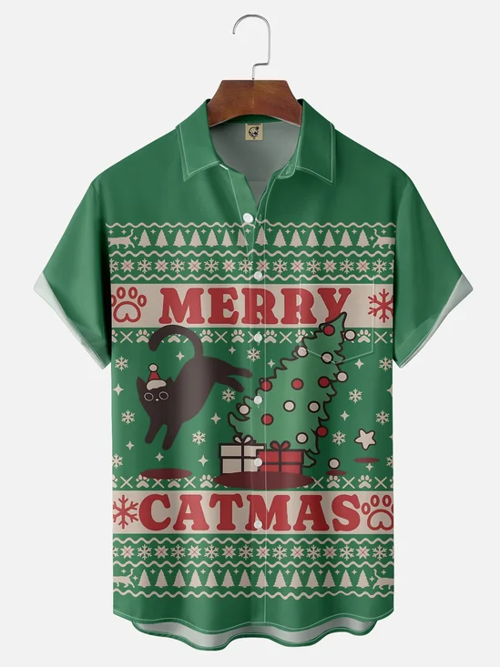Moisture-wicking Christmas Cat Retro Fun Chest Pocket Casual Shirt