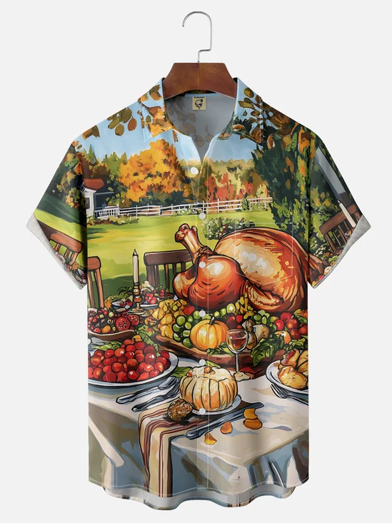 Moisture Wicking Thanksgiving Turkey Chest Pocket Hawaiian Shirt