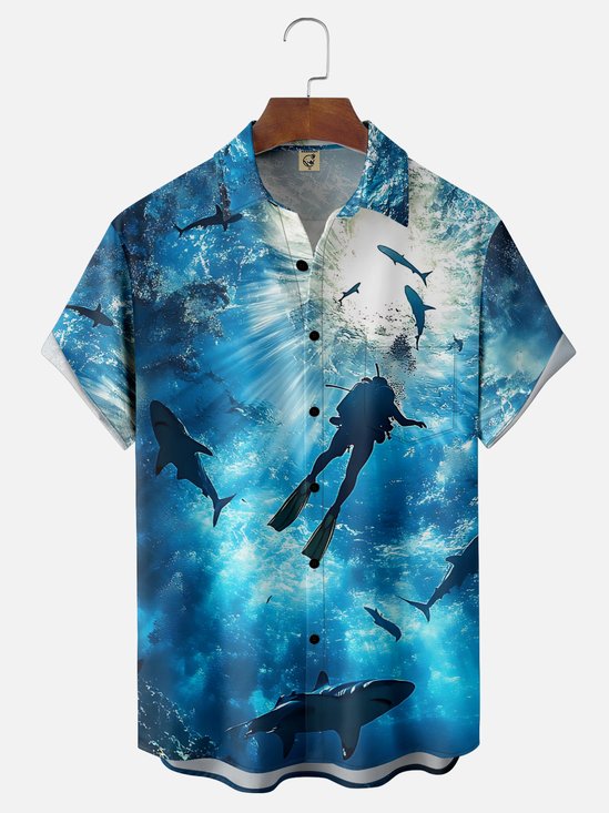 Moisture-Wicking Outdoor Underwater Scene Gradient Color Shark Diving Chest Pocket Hawaiian Shirt