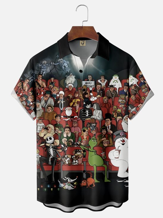 Moisture Wicking Merry Christmas Movie Theater Chest Pocket Hawaiian Shirt