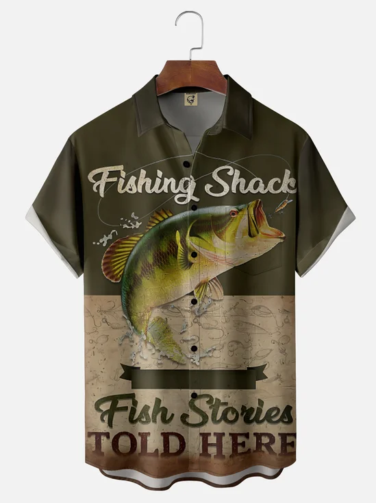 Moisture-Wicking Outdoor Gradient Retro Fishing Poster Chest Pocket Hawaiian Shirt