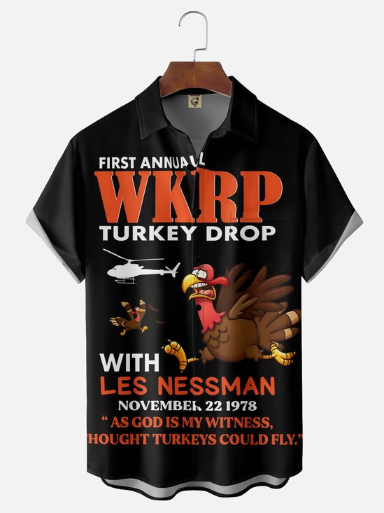 Moisture Wicking Thanksgiving Fun Turkey Chest Pocket Hawaiian Shirt
