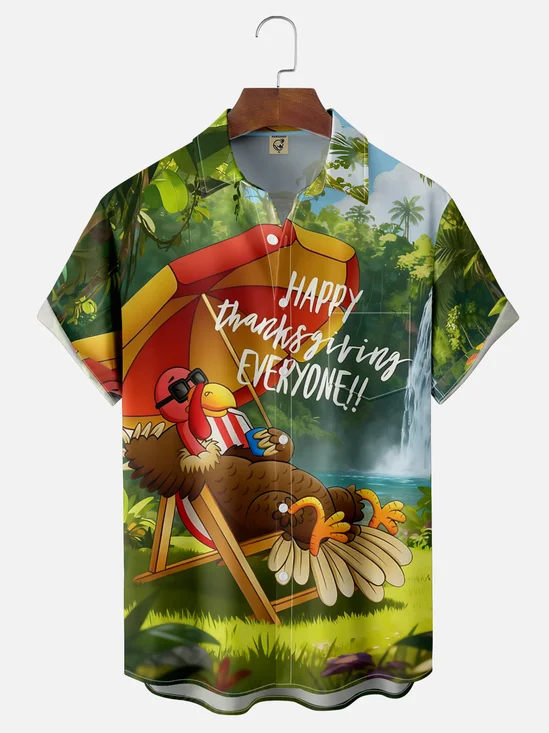 Moisture Wicking Thanksgiving Fun Outdoor Vacation Turkey Chest Pocket Hawaiian Shirt