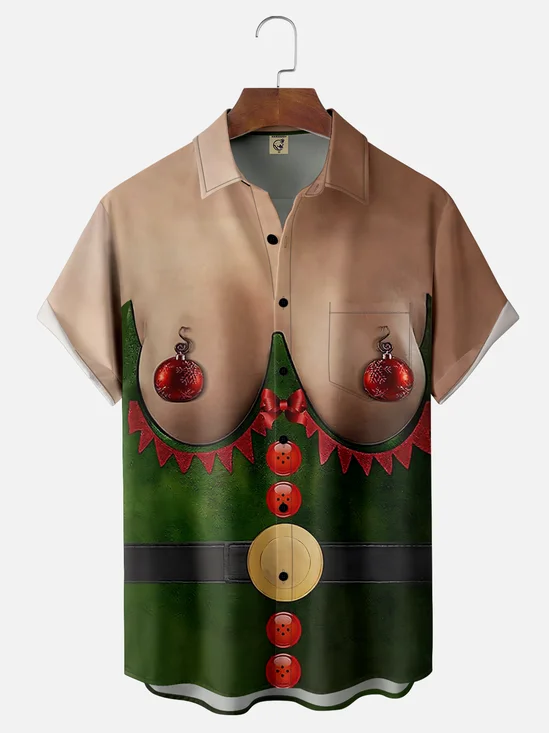 Tall Size Moisture-wicking Christmas Funny Ugly Shirt Chest Pocket Casual Shirt