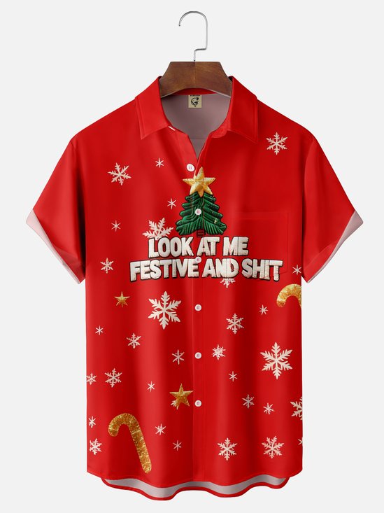 Moisture-wicking Christmas Tree Look at me Festive and Shit Chest Pocket Holiday Shirt