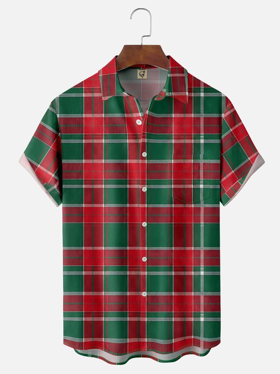 Moisture-wicking Christmas Plaid Chest Pocket Casual Shirt