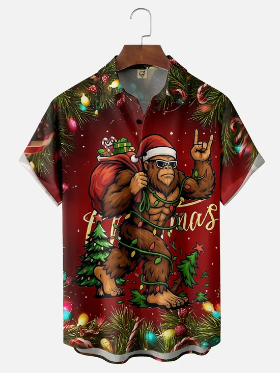 Tall Size Moisture Wicking Merry Christmas Bigfoot Chest Pocket Hawaiian Shirt