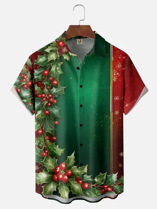 Moisture-wicking Christmas Art Christmas Tree With Red Berries Chest Pocket Bowling Shirt