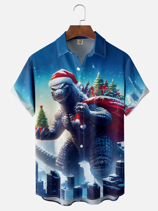 Moisture-wicking Christmas Fun Godzilla Christmas Tree Chest Pocket Casual Shirt