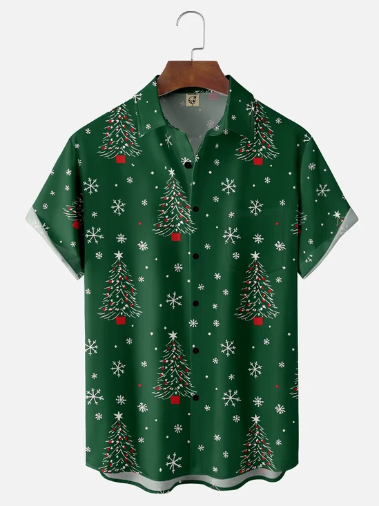 Moisture-wicking Christmas Tree Snowflake Chest Pocket Casual Shirt