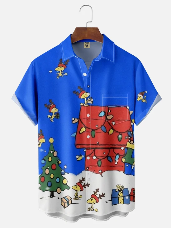 Moisture-wicking Christmas Red House Christmas Tree Fun Chest Pocket Casual Shirt