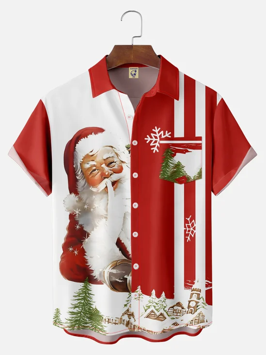 Big Size Moisture-wicking Christmas Santa Claus Chest Pocket Bowling Shirt