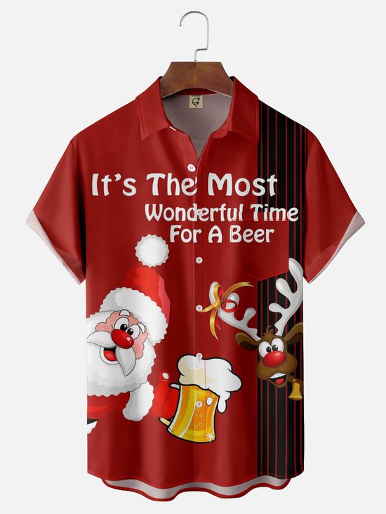 Tall Size Moisture-wicking Christmas Santa Claus Reindeer Beer Chest Pocket Bowling Shirt