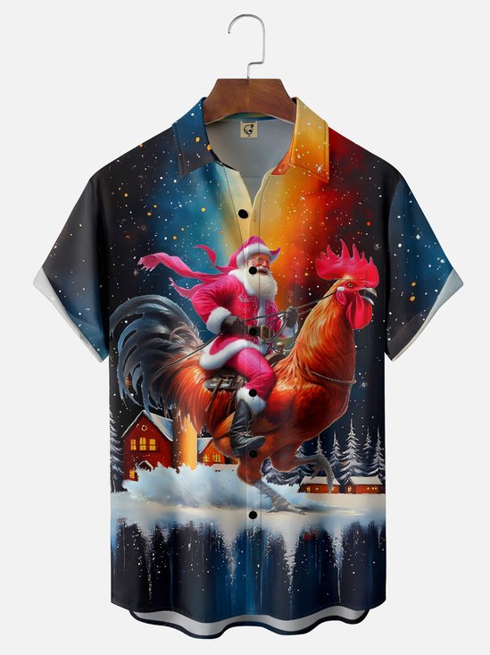 Moisture Wicking Santa Claus Riding A Rooster Chest Pocket Holiday Shirt