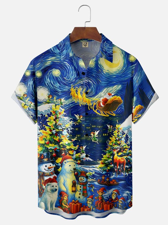 Moisture-wicking Christmas Santa Claus Snowman Elk Starry Sky Chest Pocket Casual Shirt